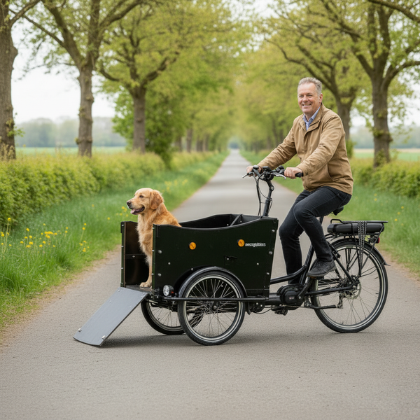 Amcargobikes dog cargo bike lifestyle image - sideways composition