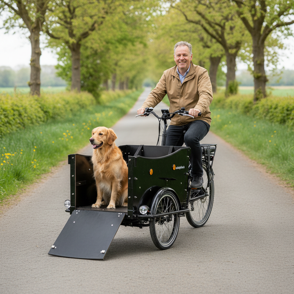 AmcargoBikes Dog cargo bike lifestyle image with ramp down