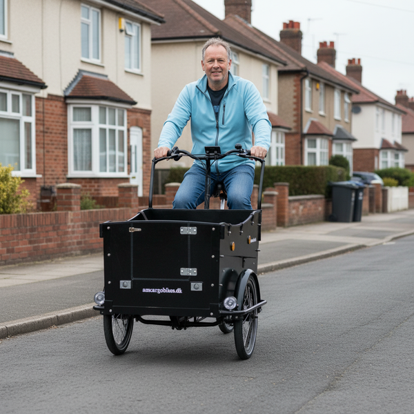 AmcargoBikes Electric Cargo Bike with branding - front view