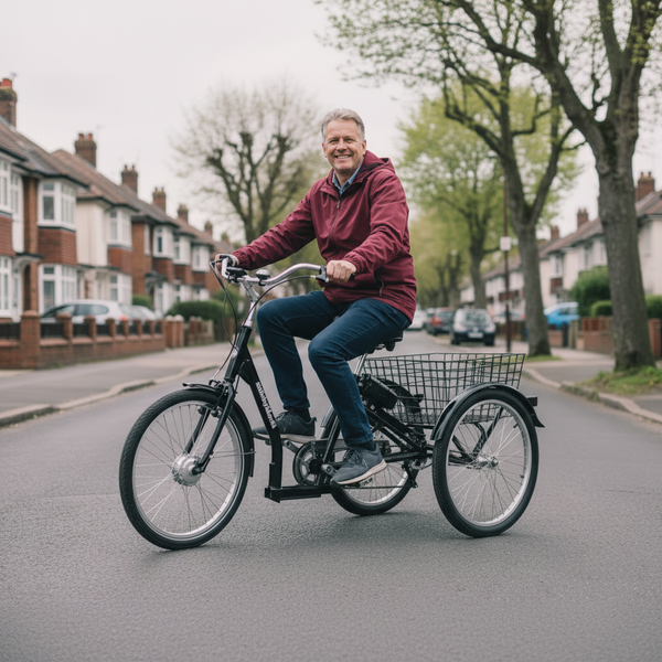 Amcargobikes low-step adult electric tricycle square lifestyle image - different angle