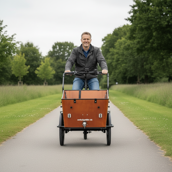 Amcargobikes Ultimate Harmony cargo bike square lifestyle image - front view