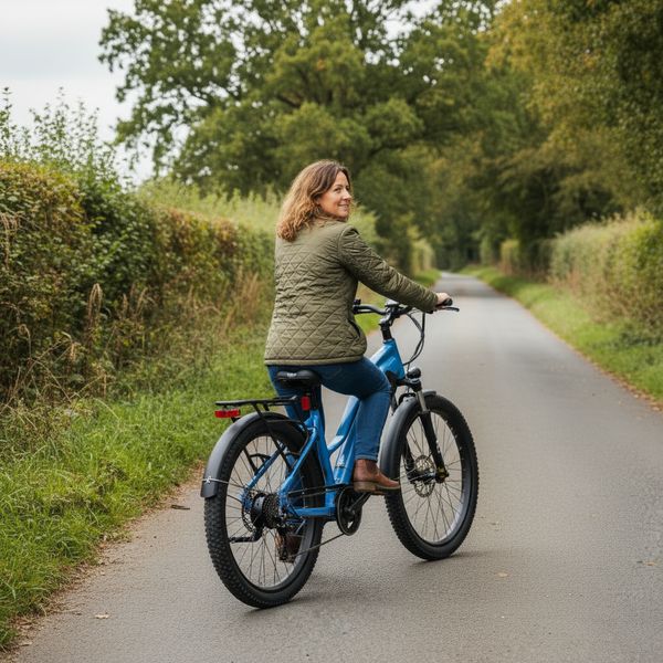 Hikobike Rangler Touring electric bike square lifestyle image - rear three-quarter angle