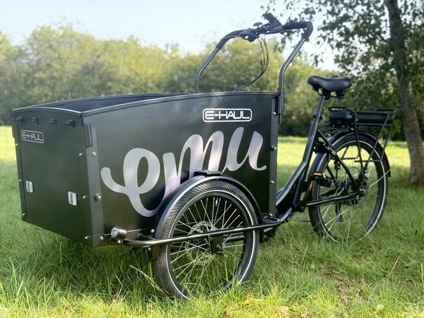 EMU E-Haul Cargo Electric Trike with Box & Cushion – Black - Pedal & Chain