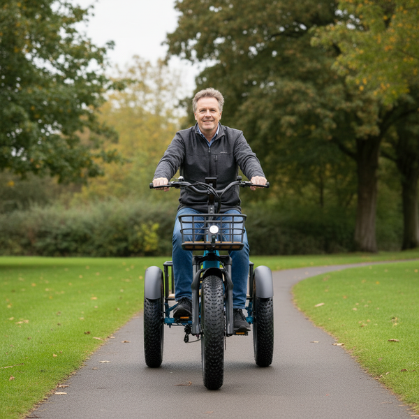 Revom T2 fat tyre electric mountain trike square lifestyle image - front view